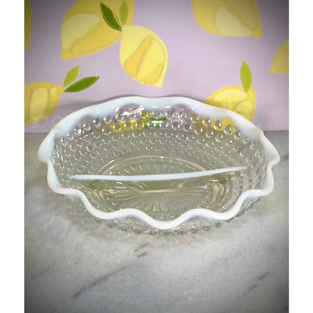 Vintage Fenton Hobnail Candy Dish. Clear with White Trim. 8” diameter.